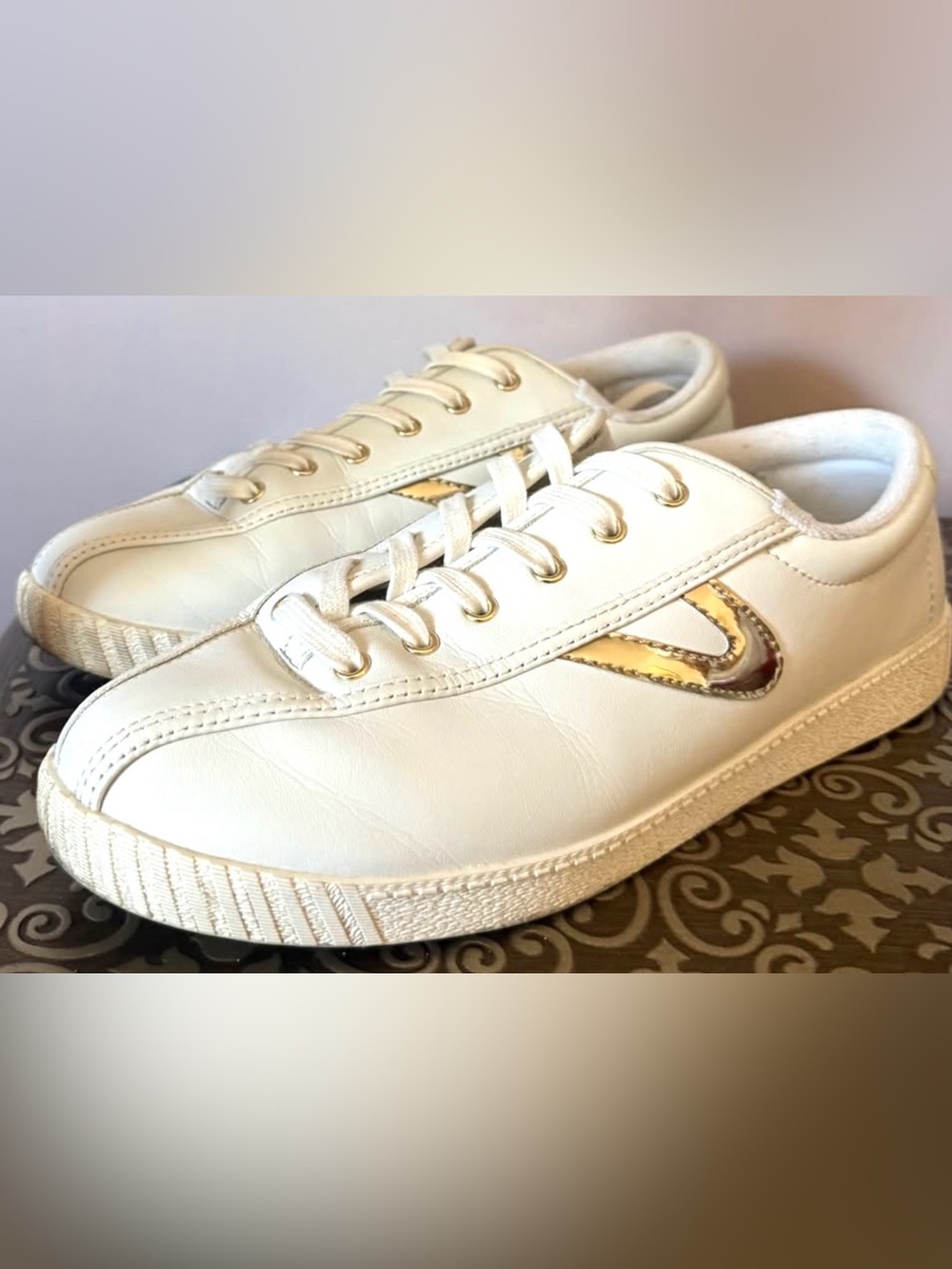 Tretorn White Leather Sneakers with Gold Accent